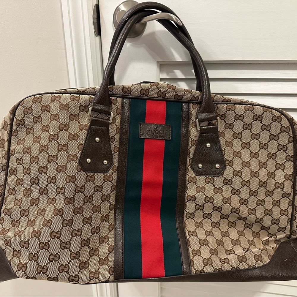 Gucci Tan GG Canvas Duffel with Green and Red Web Stripe